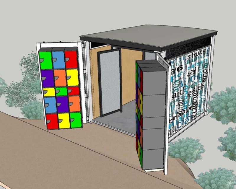 Artist impression of sea container changing rooms featuring lockers.