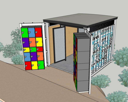 Artist impression of sea container changing rooms featuring lockers. 