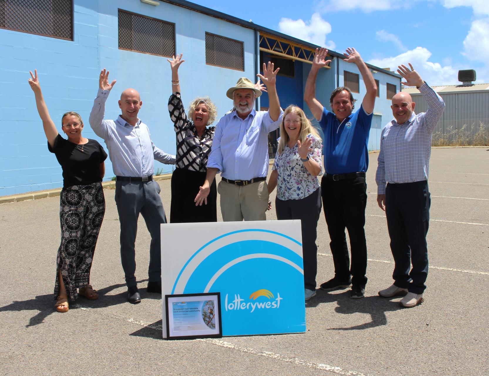 MLA Lara Dalton and Mayor Jerry Clune (middle) are joined by City of Greater Geraldton Councillor Jenna Denton, Acting CEO Chris Lee, Director Community and Culture Fiona Norling, Councillor Aaron Horsman and Manager Community and Cultural Development Peter Treharne and in front of the future Geraldton Youth Centre.