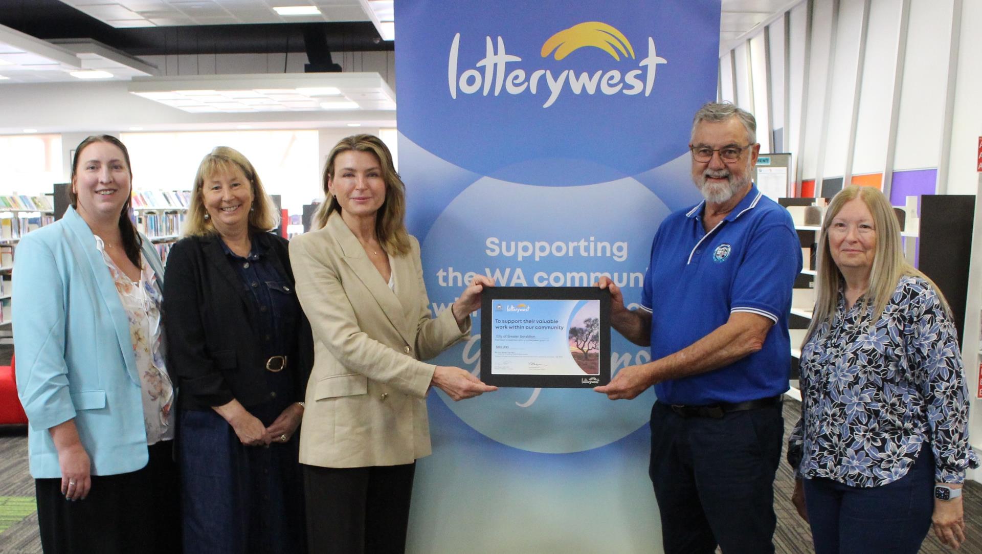 (L-R) City of Greater Geraldton&rsquo;s Manger of Community and Cultural Development Marie-Claire Hunter and Manager of Libraries, Heritage and Gallery Trudi Cornish, Hon Sandra Carr MLC, Mayor Jerry Clune and the City&rsquo;s Director Community and Culture Fiona Norling at the presentation of the Lotterywest Certificate of funding support for community arts and cultural initiatives.