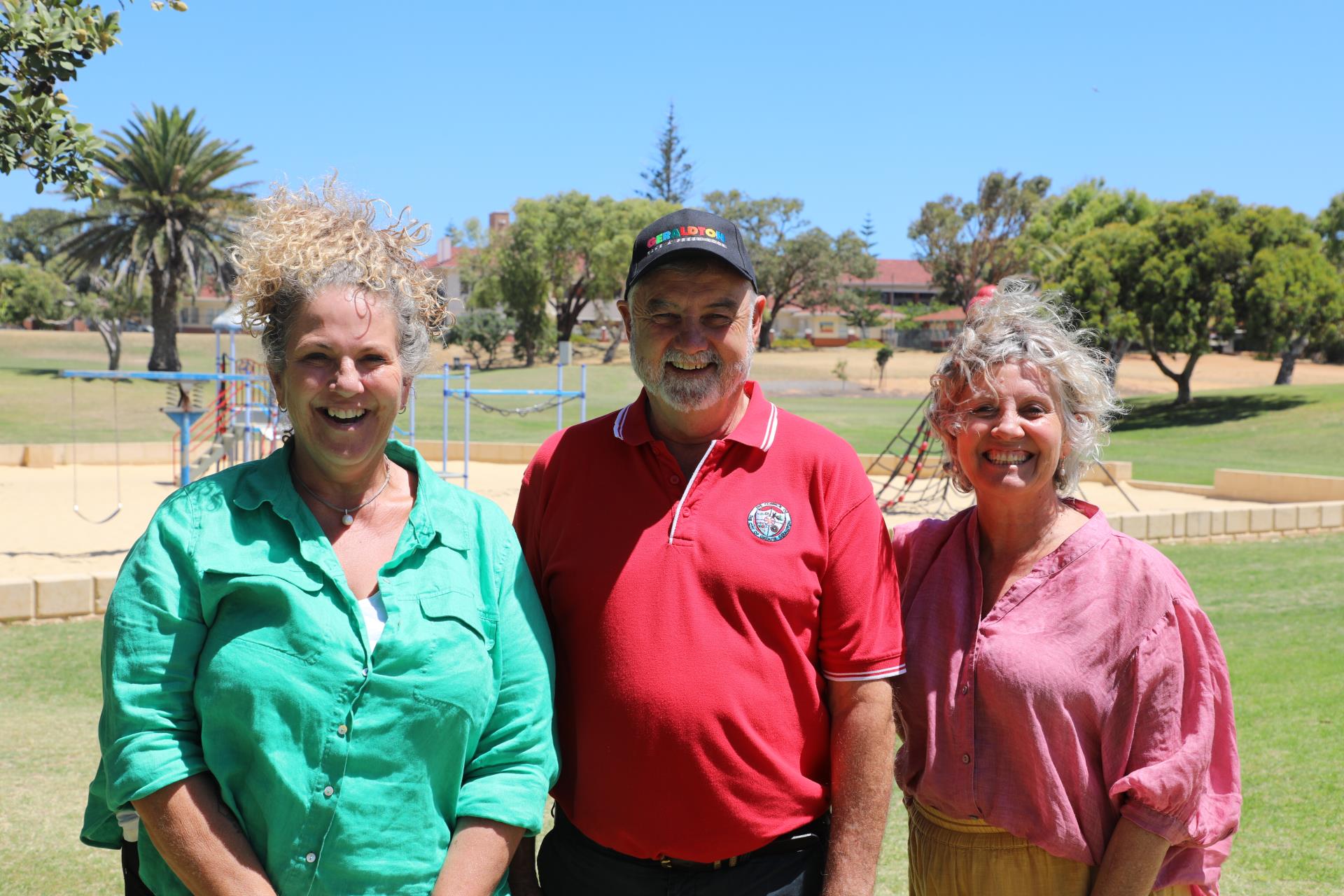 Labour Candidate for Durack Karen Wheatland (left) joins City of Greater Geraldton Mayor Jerry Clune and Lara Dalton MLA in Maitland Park, the heart of the Geraldton Green Connect Project.