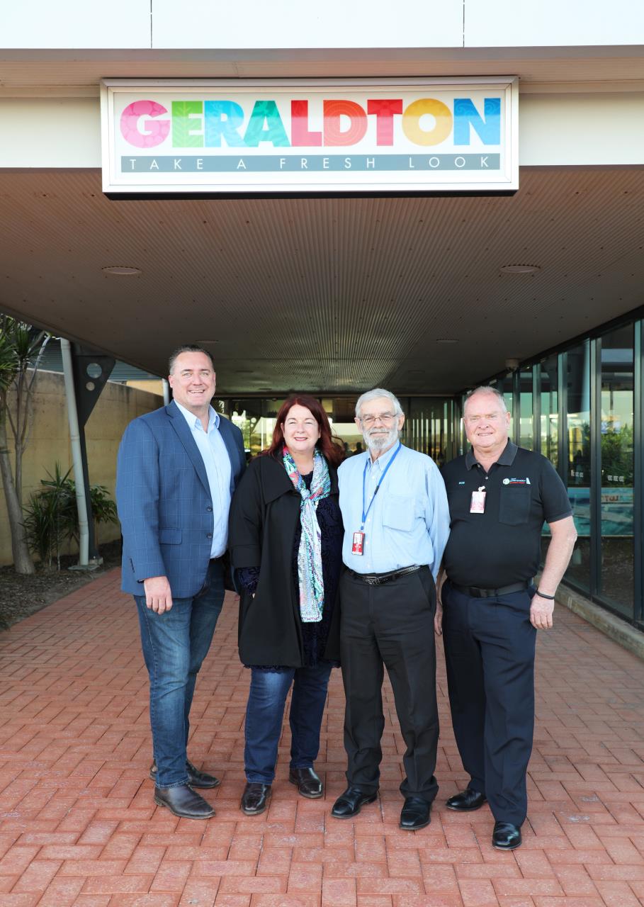 Mayor Shane Van Styn, Melissa Price MP, Director Corporate and Commercial Services Bob Davis and Geraldton Airport Manager Bob Urquhart at the Geraldton Airport. 